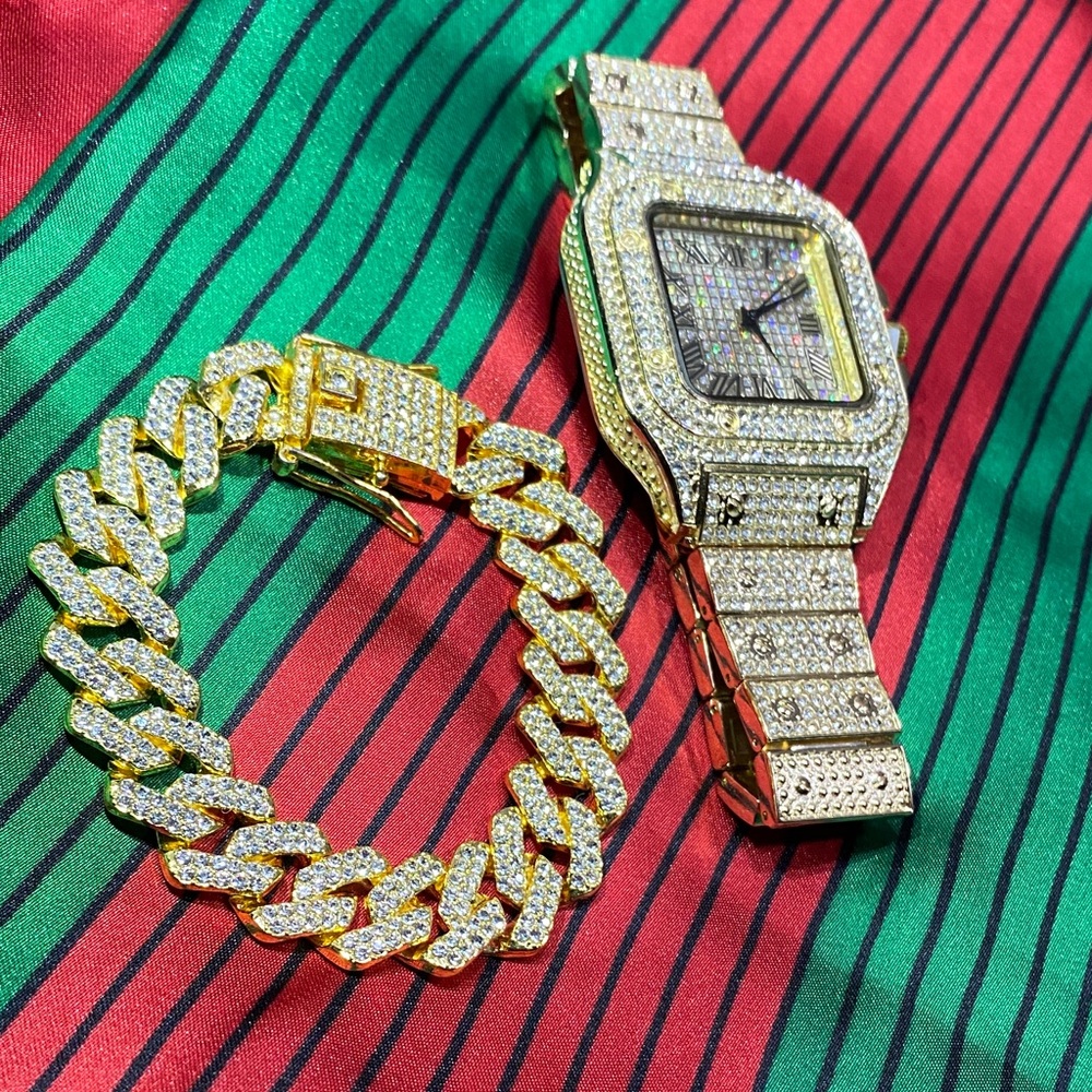 Gold and Silver Men's Watch and Bracelet Set